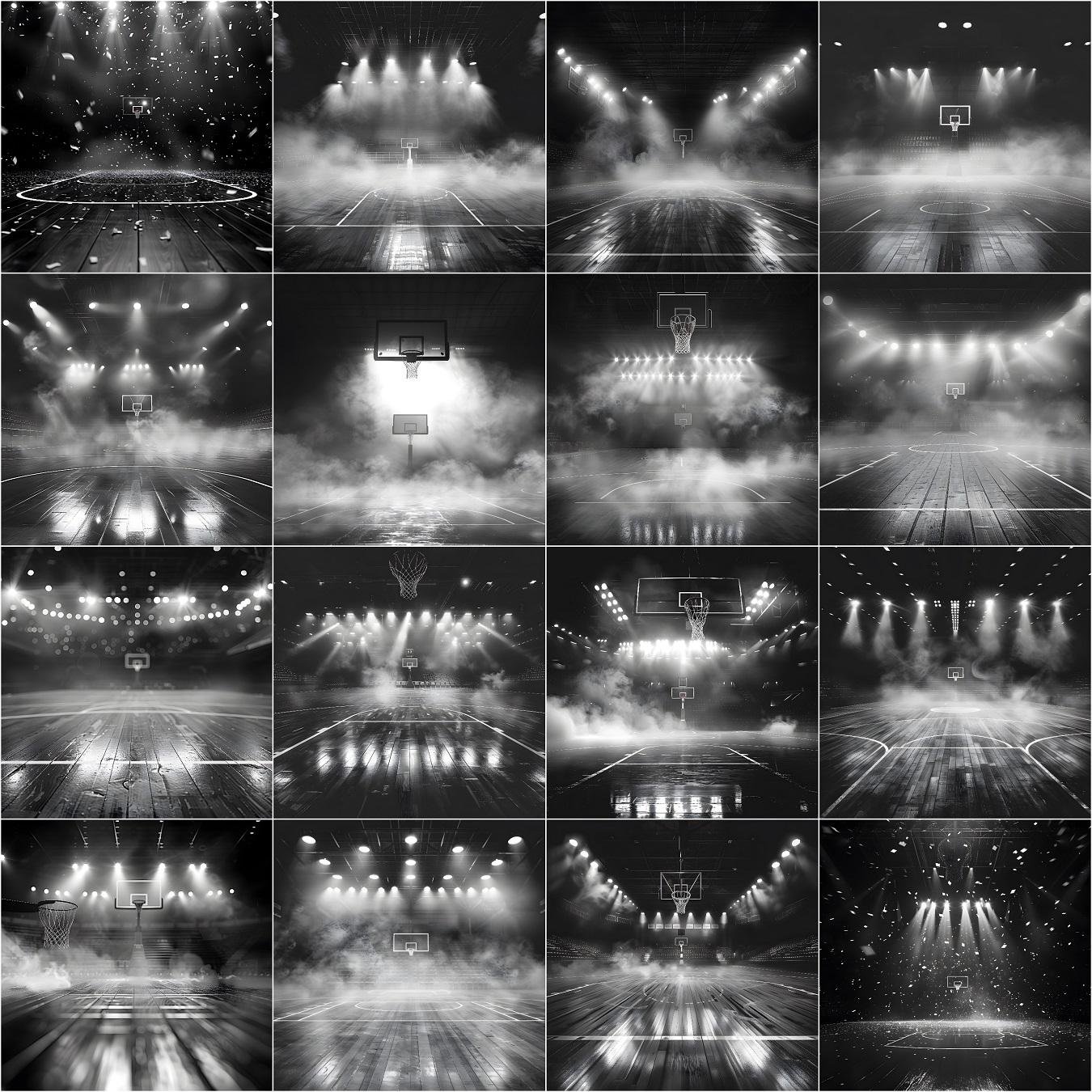 Black and white cinematic basketball court digital backdrop with dramatic arena lighting, spotlight effects, high depth of field, dense smoke, and bokeh lights, designed for professional sports photography, senior portraits, team posters, and Photoshop photo editing.
