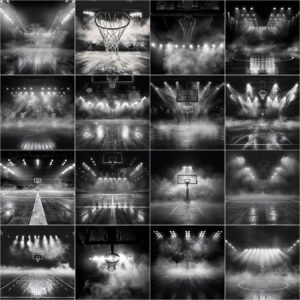 Black and white cinematic basketball court digital backdrop with dramatic arena lighting, spotlight effects, high depth of field, dense smoke, and bokeh lights, designed for professional sports photography, senior portraits, team posters, and Photoshop photo editing.