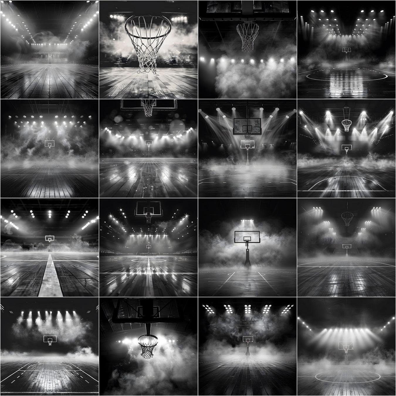 Black and white cinematic basketball court digital backdrop with dramatic arena lighting, spotlight effects, high depth of field, dense smoke, and bokeh lights, designed for professional sports photography, senior portraits, team posters, and Photoshop photo editing.