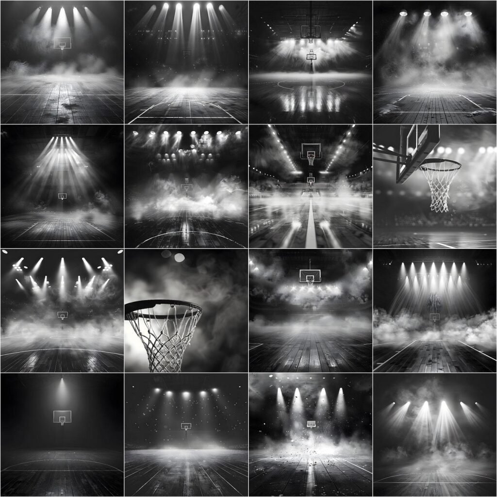 Black and white cinematic basketball court digital backdrop with dramatic arena lighting, spotlight effects, high depth of field, dense smoke, and bokeh lights, designed for professional sports photography, senior portraits, team posters, and Photoshop photo editing.