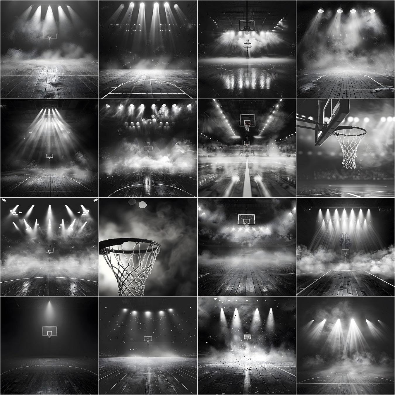 Black and white cinematic basketball court digital backdrop with dramatic arena lighting, spotlight effects, high depth of field, dense smoke, and bokeh lights, designed for professional sports photography, senior portraits, team posters, and Photoshop photo editing.