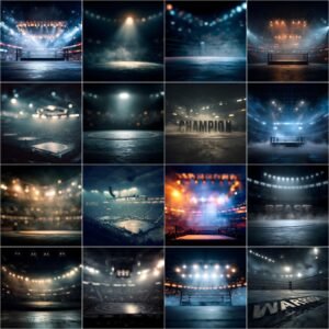 High-resolution wrestling arena digital backdrop with dark moody lighting, cinematic bokeh stadium floodlights, realistic smoke and haze, high depth of field sports photography background for Photoshop composites and wrestling posters.