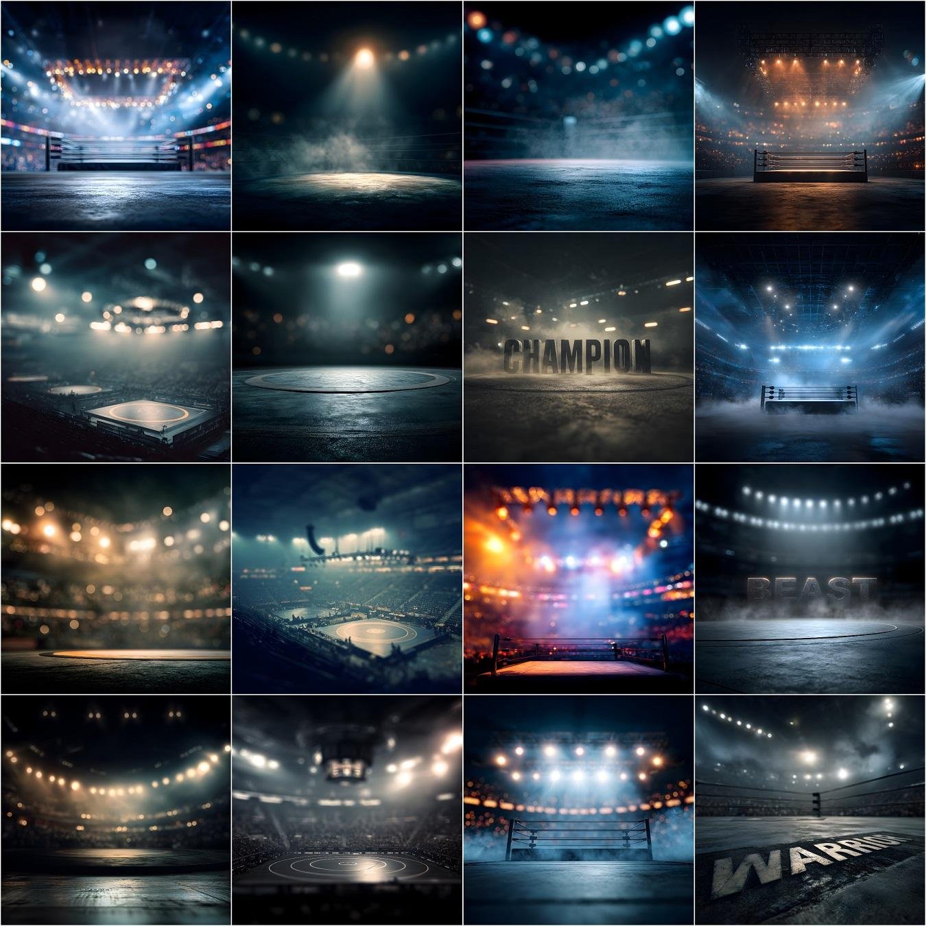 High-resolution wrestling arena digital backdrop with dark moody lighting, cinematic bokeh stadium floodlights, realistic smoke and haze, high depth of field sports photography background for Photoshop composites and wrestling posters.