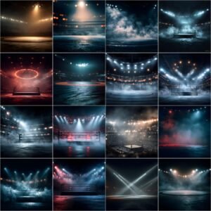 High-resolution wrestling arena digital backdrop with dark moody lighting, cinematic bokeh stadium floodlights, realistic smoke and haze, high depth of field sports photography background for Photoshop composites and wrestling posters.