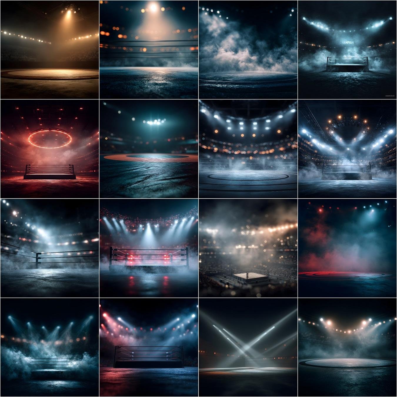 High-resolution wrestling arena digital backdrop with dark moody lighting, cinematic bokeh stadium floodlights, realistic smoke and haze, high depth of field sports photography background for Photoshop composites and wrestling posters.
