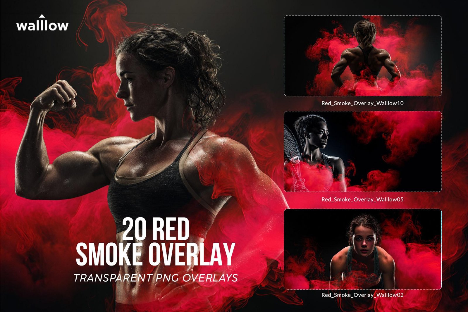 Red smoke transparent PNG overlays for sports photography, cinematic athlete portrait smoke cloud effects for Photoshop, and high-resolution digital senior banner textures.