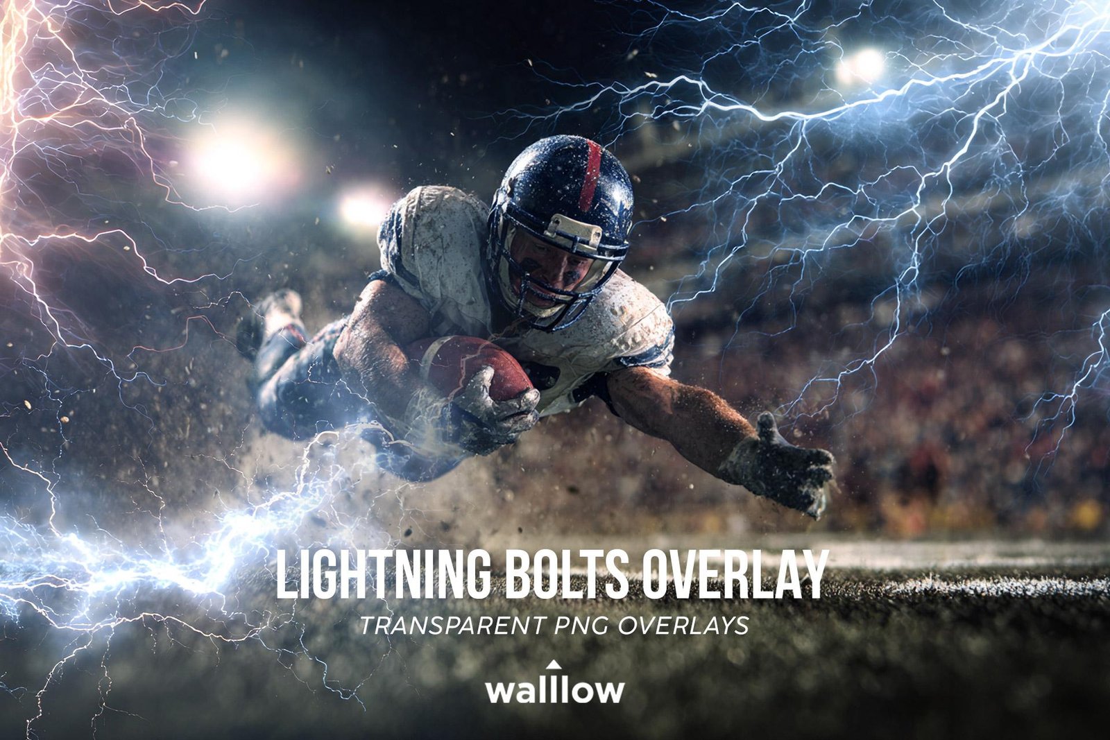 20 transparent PNG lightning bolt photo overlays for Photoshop — realistic electric storm effects on sports photography including baseball, basketball, football, and hockey athlete images