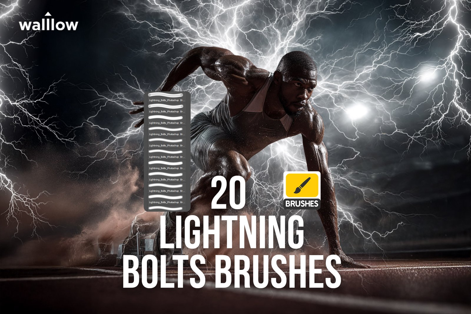 20 lightning bolt Photoshop ABR brushes pack — pressure-sensitive electric strike and thunder effect brushes for sports photo editing, digital art, and graphic design, compatible with Adobe Photoshop CS6 and Creative Cloud