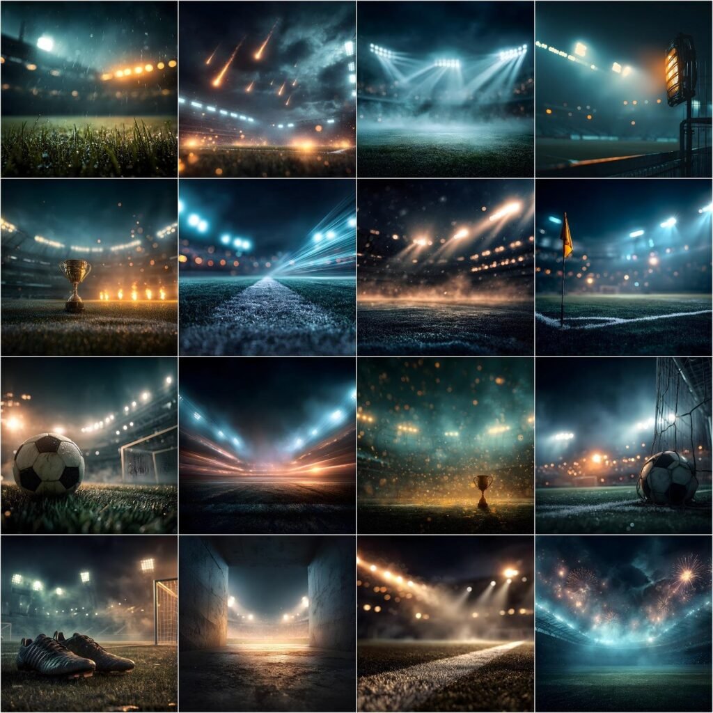 125 soccer digital backdrops bundle with stadium lights, fog, smoke, dust, rain and cinematic sports photography backgrounds for Photoshop composites