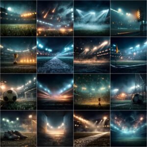 125 soccer digital backdrops bundle with stadium lights, fog, smoke, dust, rain and cinematic sports photography backgrounds for Photoshop composites