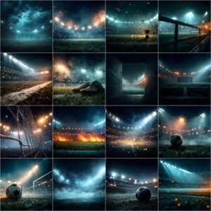 125 soccer digital backdrops bundle with stadium lights, fog, smoke, dust, rain and cinematic sports photography backgrounds for Photoshop composites