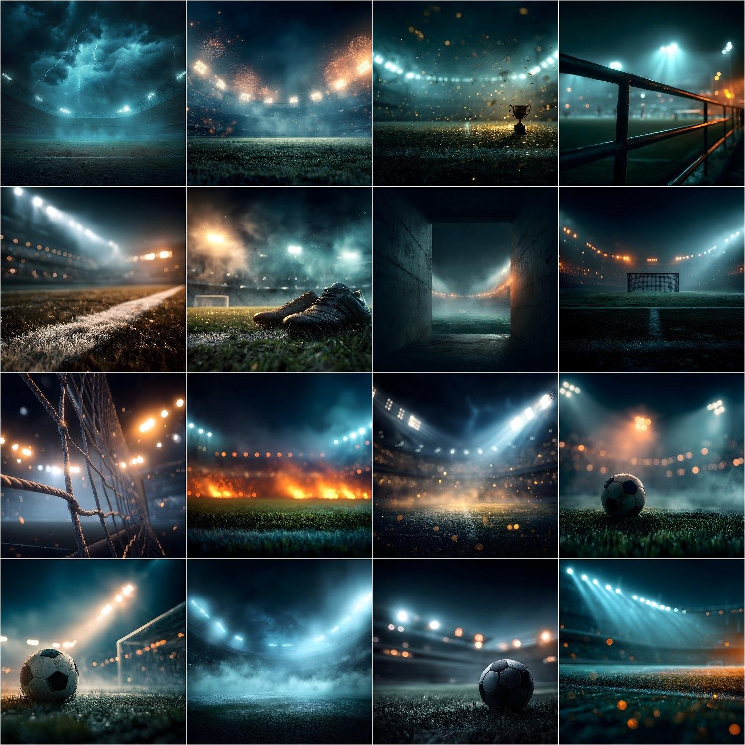 125 soccer digital backdrops bundle with stadium lights, fog, smoke, dust, rain and cinematic sports photography backgrounds for Photoshop composites