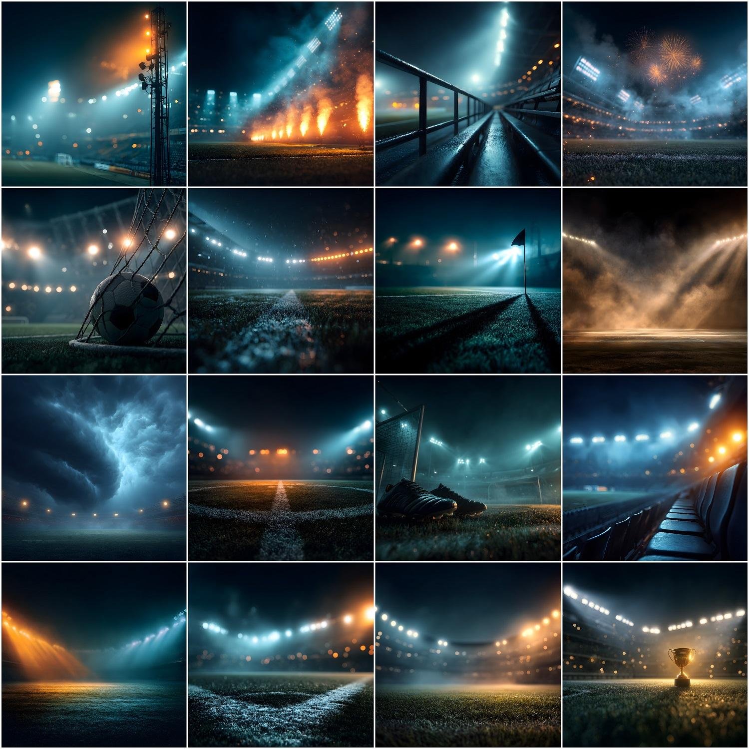 125 soccer digital backdrops bundle with stadium lights, fog, smoke, dust, rain and cinematic sports photography backgrounds for Photoshop composites