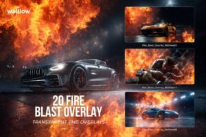 20 fire blast transparent PNG overlays applied to sports photography — realistic fire explosion effects for Photoshop photo editing, compatible with Canva and Lightroom, instant digital download