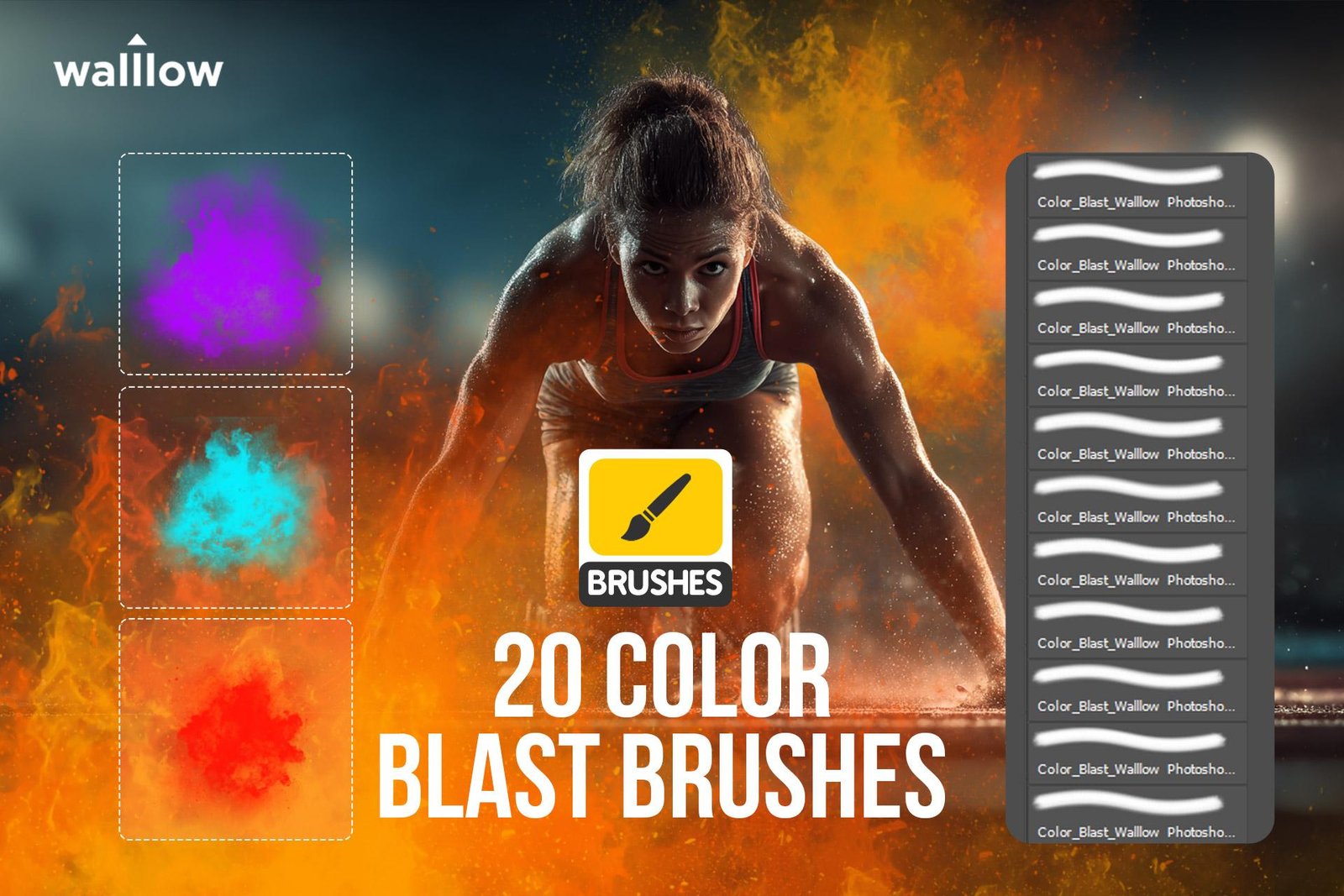 20 Fire Blast Photoshop Brushes — realistic fire explosion and flame burst ABR brush set for sports photography, photo editing and digital art composites. Compatible with Adobe Photoshop CS4 and above. Commercial use included. Instant digital download.