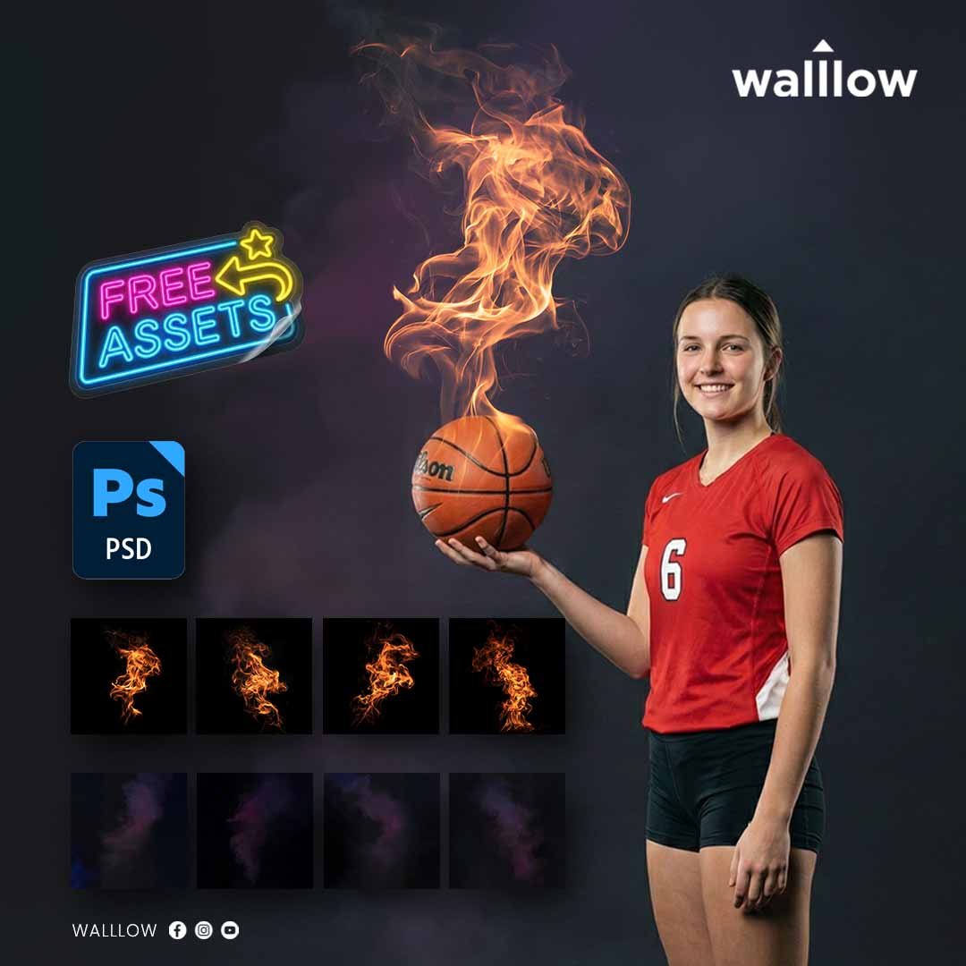 Free fire and smoke overlays for sports photography editing, PSD sports effects, fog overlays for dramatic athlete portraits, sports photo editing resources