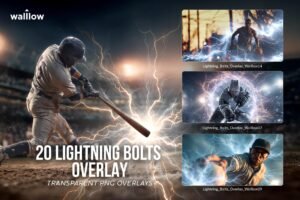 20 transparent PNG lightning bolt photo overlays for Photoshop — realistic electric storm effects on sports photography including baseball, basketball, football, and hockey athlete images