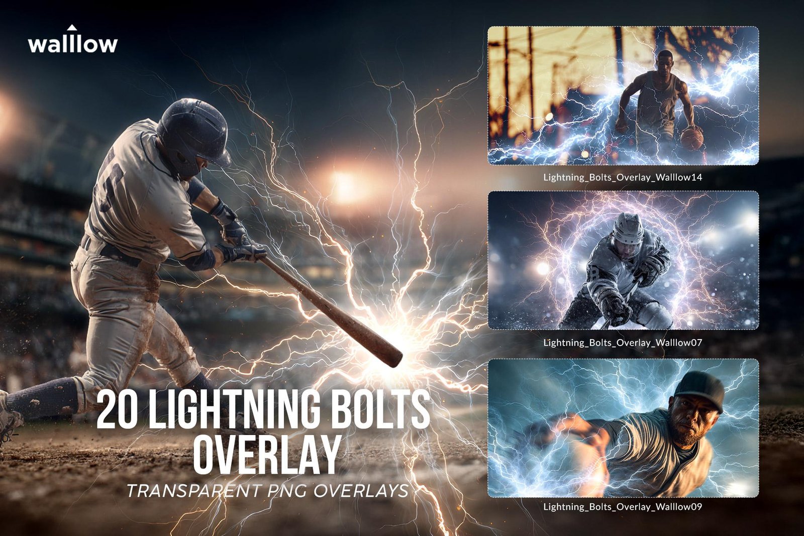 20 transparent PNG lightning bolt photo overlays for Photoshop — realistic electric storm effects on sports photography including baseball, basketball, football, and hockey athlete images