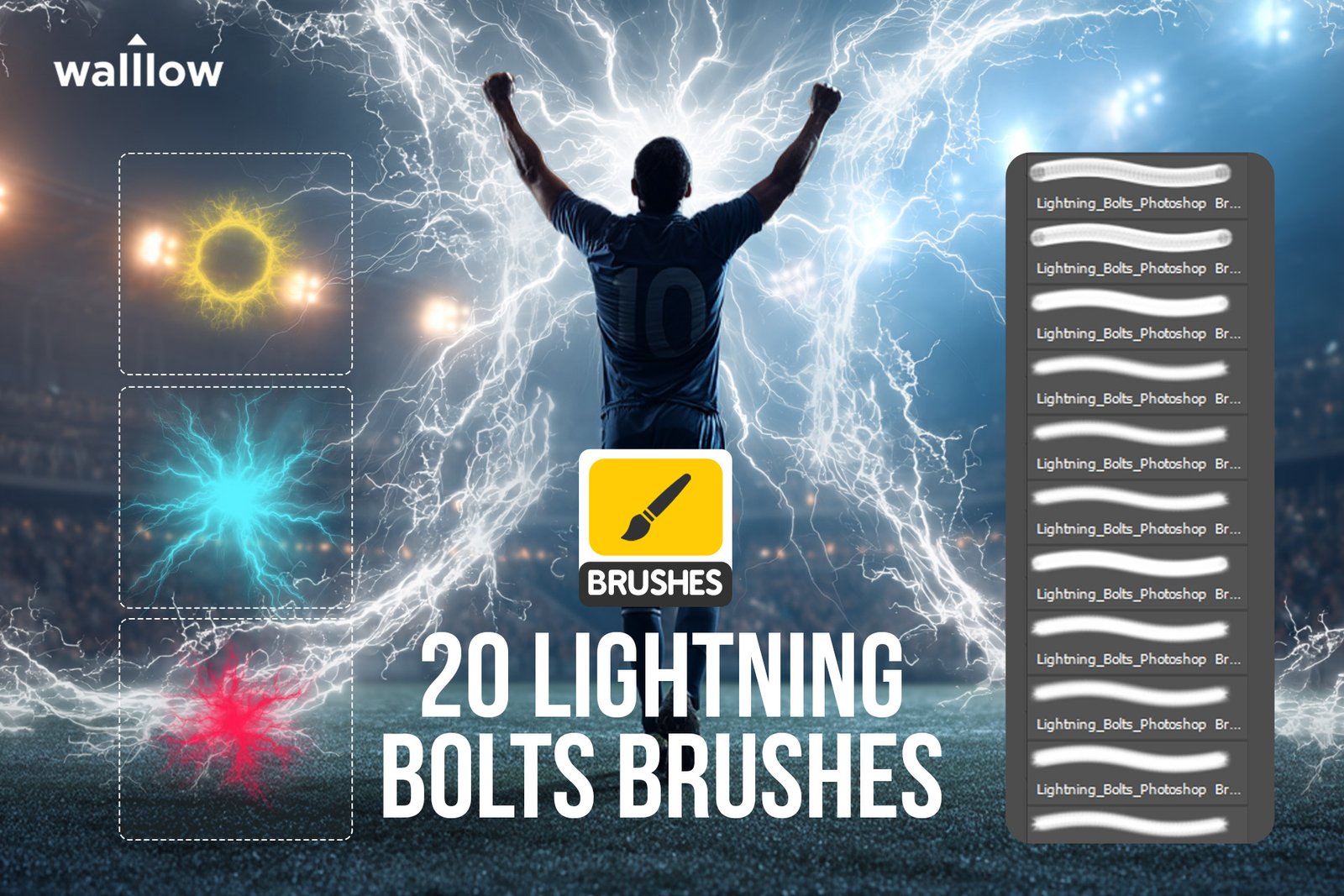 20 lightning bolt Photoshop ABR brushes pack — pressure-sensitive electric strike and thunder effect brushes for sports photo editing, digital art, and graphic design, compatible with Adobe Photoshop CS6 and Creative Cloud