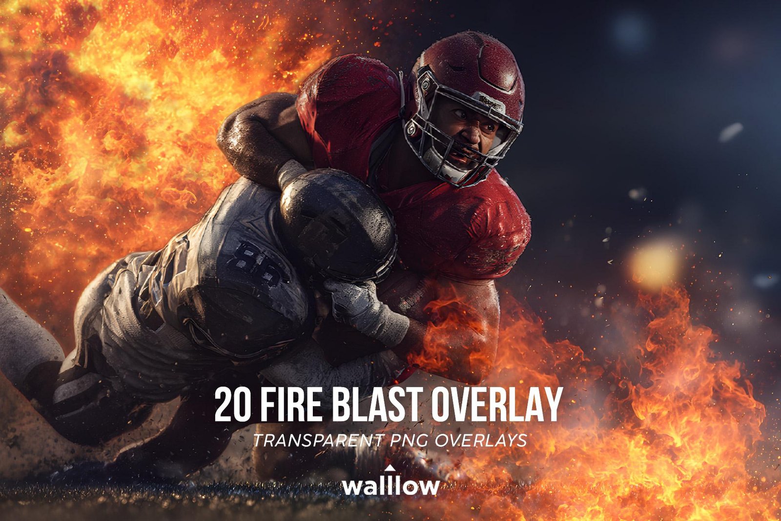 20 fire blast transparent PNG overlays applied to sports photography — realistic fire explosion effects for Photoshop photo editing, compatible with Canva and Lightroom, instant digital download
