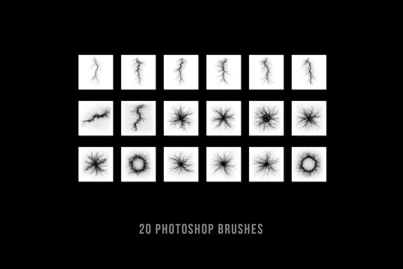 20 lightning bolt Photoshop ABR brushes pack — pressure-sensitive electric strike and thunder effect brushes for sports photo editing, digital art, and graphic design, compatible with Adobe Photoshop CS6 and Creative Cloud