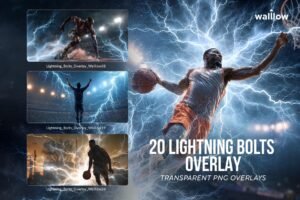 20 transparent PNG lightning bolt photo overlays for Photoshop — realistic electric storm effects on sports photography including baseball, basketball, football, and hockey athlete images