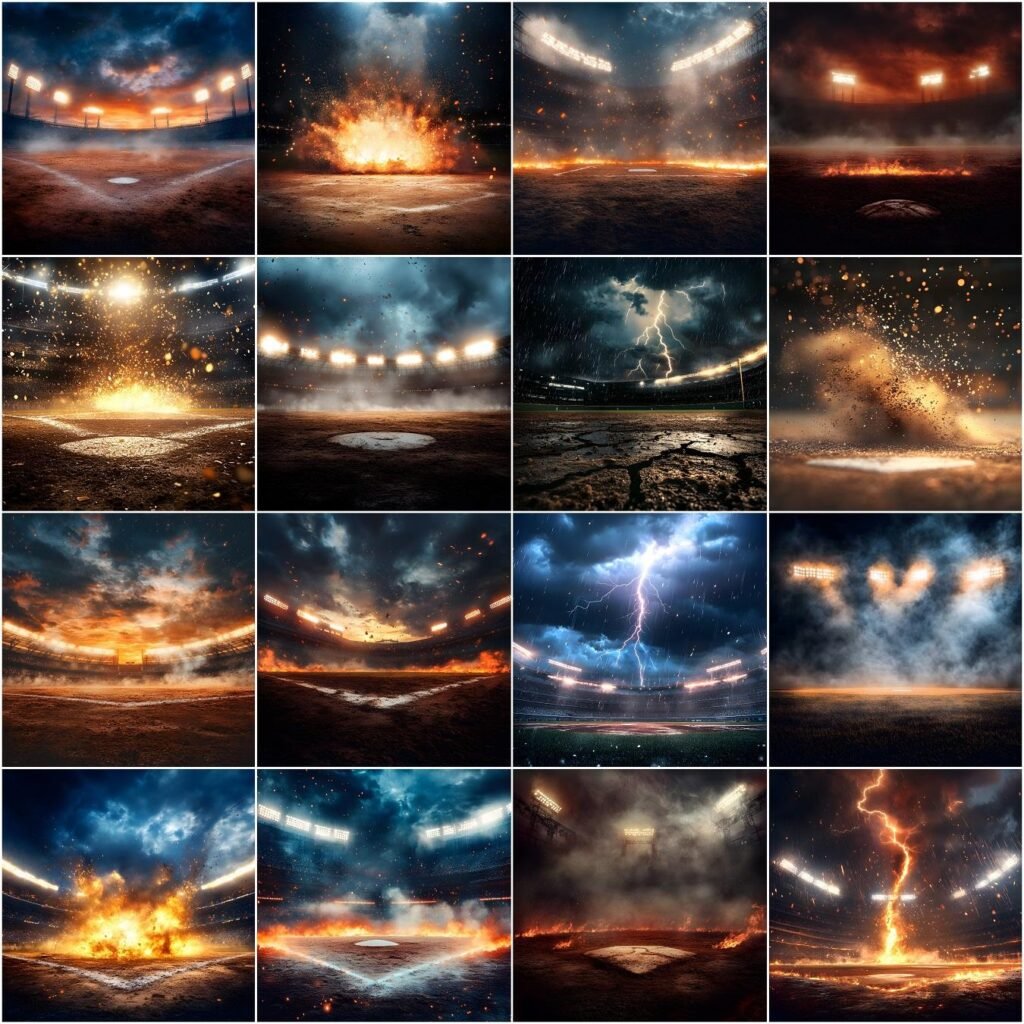 High-resolution baseball background featuring dramatic stadium lights over a professional baseball field, designed for sports photographers and photo editors — ideal for team portraits, softball backdrops, baseball composite photos, and sports poster designs