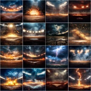 High-resolution baseball background featuring dramatic stadium lights over a professional baseball field, designed for sports photographers and photo editors — ideal for team portraits, softball backdrops, baseball composite photos, and sports poster designs
