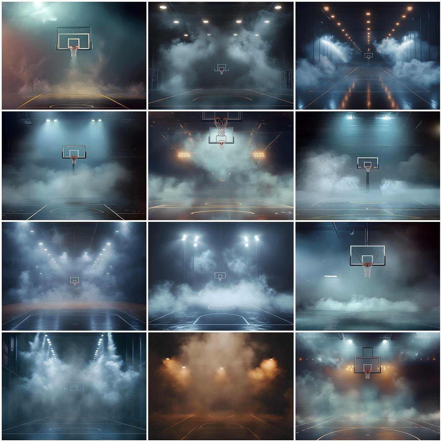 Cinematic basketball court digital backdrop with smoke and dramatic lighting, dark moody gym background for sports photography, senior portraits, team media day and Photoshop composites