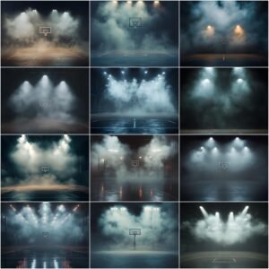 Cinematic basketball court digital backdrop with smoke and dramatic lighting, dark moody gym background for sports photography, senior portraits, team media day and Photoshop composites