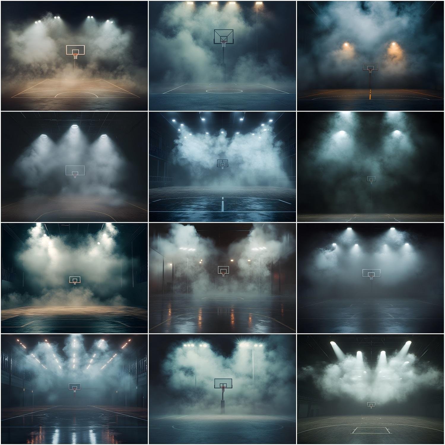 Cinematic basketball court digital backdrop with smoke and dramatic lighting, dark moody gym background for sports photography, senior portraits, team media day and Photoshop composites