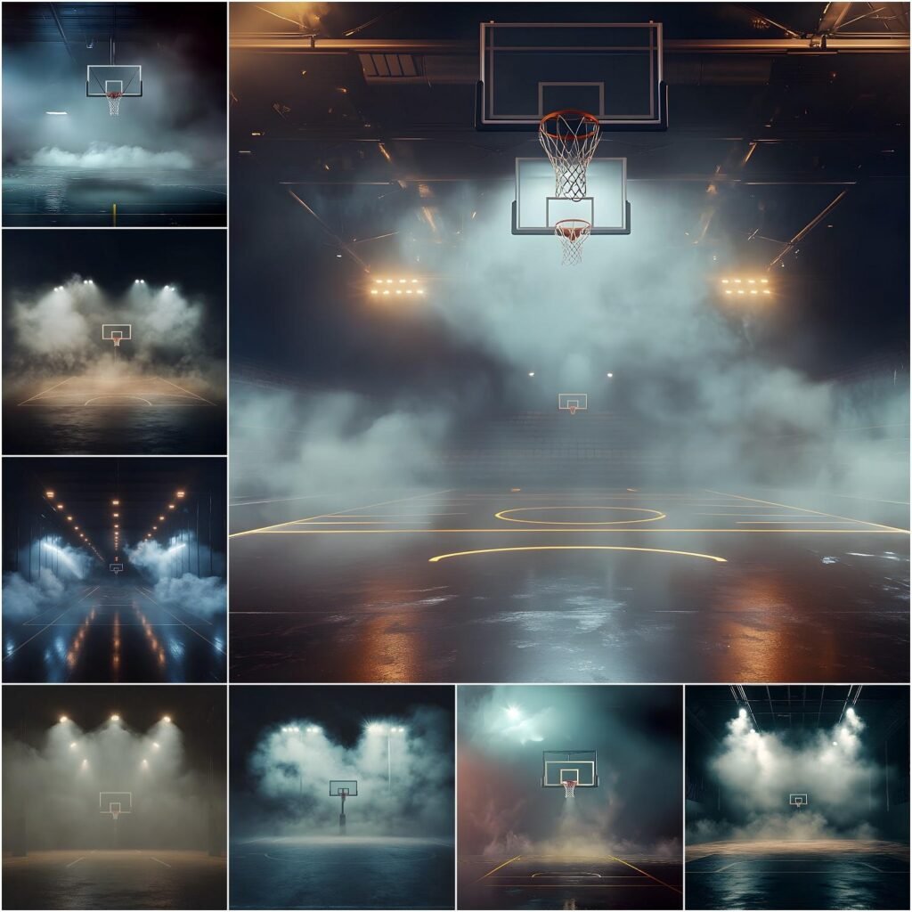 Cinematic basketball court digital backdrop with smoke and dramatic lighting, dark moody gym background for sports photography, senior portraits, team media day and Photoshop composites