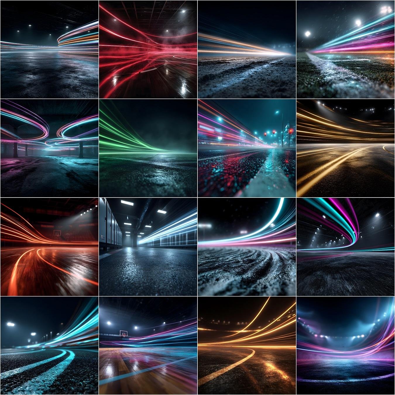 111 cinematic sports digital backdrops bundle featuring motion blur stadium lights, courts, fields and tracks designed for sports photography, athlete posters, team banners and professional Photoshop composites.