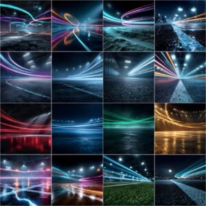 111 cinematic sports digital backdrops bundle featuring motion blur stadium lights, courts, fields and tracks designed for sports photography, athlete posters, team banners and professional Photoshop composites.