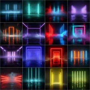 sports neon backdrops bundle with stadium lights, fog and color smoke effects for sports photography, football, baseball and basketball game day posters and photoshop backgrounds