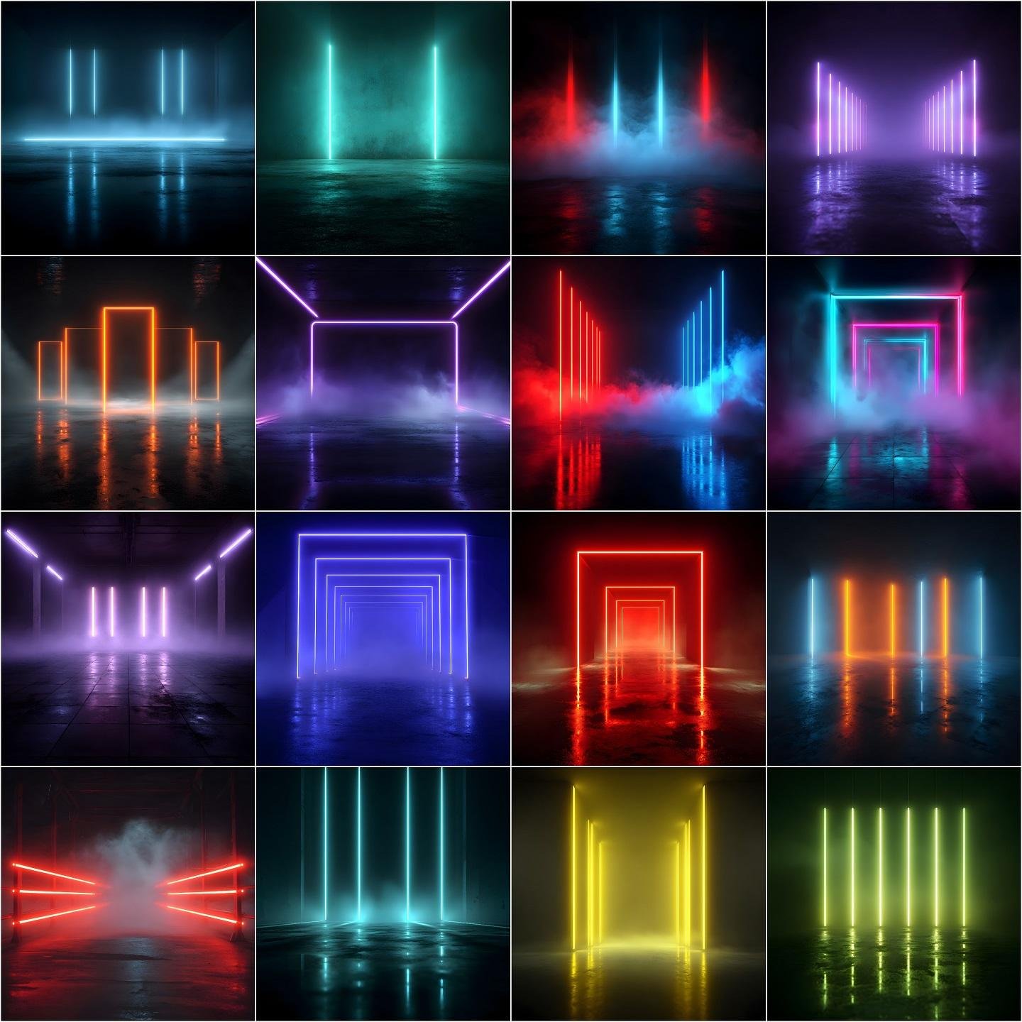 sports neon backdrops bundle with stadium lights, fog and color smoke effects for sports photography, football, baseball and basketball game day posters and photoshop backgrounds