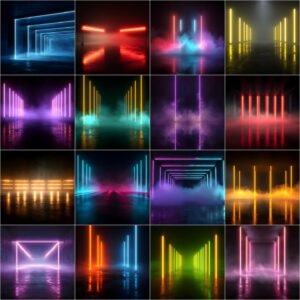 sports neon backdrops bundle with stadium lights, fog and color smoke effects for sports photography, football, baseball and basketball game day posters and photoshop backgrounds