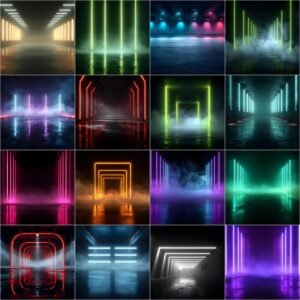 sports neon backdrops bundle with stadium lights, fog and color smoke effects for sports photography, football, baseball and basketball game day posters and photoshop backgrounds