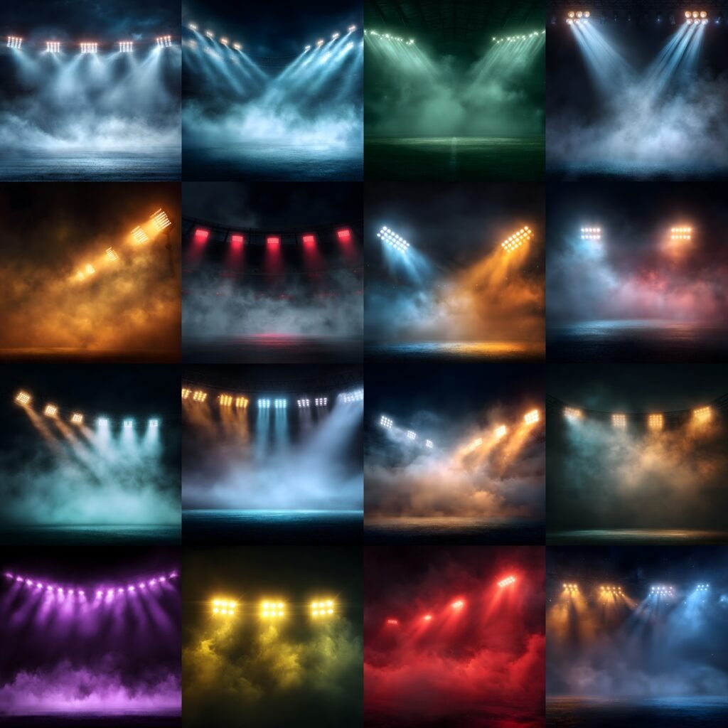 A professional collection of 60 high-resolution digital sports backdrops featuring cinematic stadium spotlights and atmospheric fog. The designs include various color schemes like deep blue, vibrant orange, and purple haze, specifically designed for sports portrait composites, high school senior photography, and athlete action shots with a Friday Night Lights aesthetic.