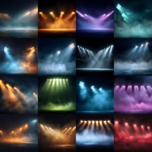 A professional collection of 60 high-resolution digital sports backdrops featuring cinematic stadium spotlights and atmospheric fog. The designs include various color schemes like deep blue, vibrant orange, and purple haze, specifically designed for sports portrait composites, high school senior photography, and athlete action shots with a Friday Night Lights aesthetic.