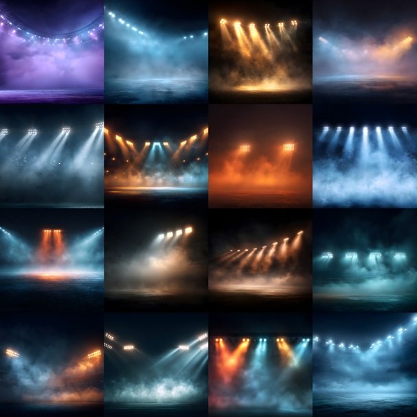 A professional collection of 60 high-resolution digital sports backdrops featuring cinematic stadium spotlights and atmospheric fog. The designs include various color schemes like deep blue, vibrant orange, and purple haze, specifically designed for sports portrait composites, high school senior photography, and athlete action shots with a Friday Night Lights aesthetic.