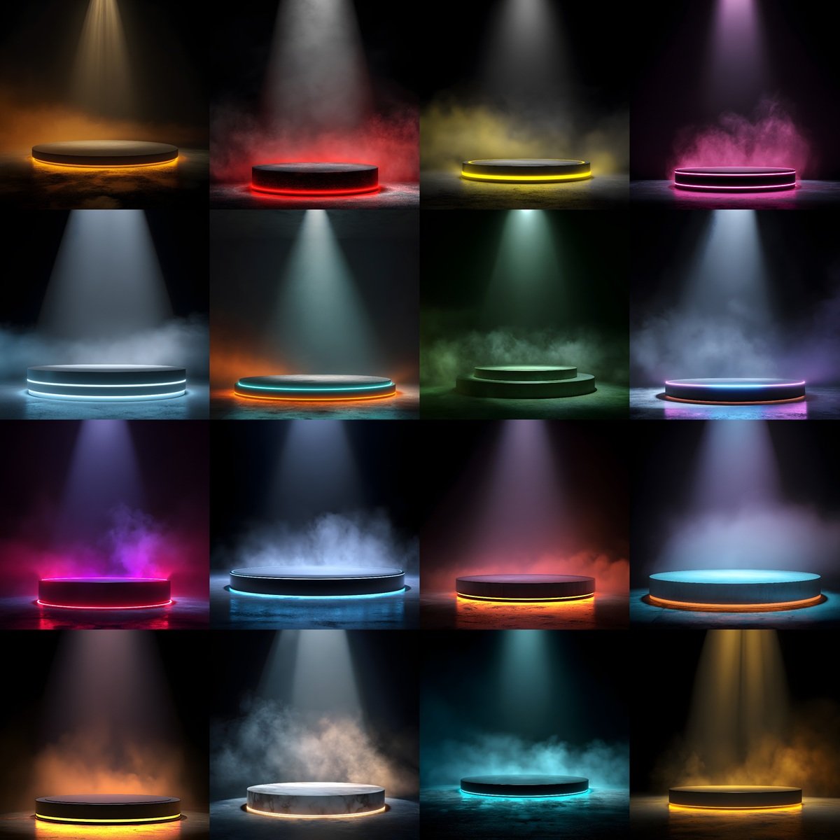 Cinematic sports podium digital backdrop with fog and spotlight lighting, dark moody studio background for athlete portraits, senior sports banners and team photography editing