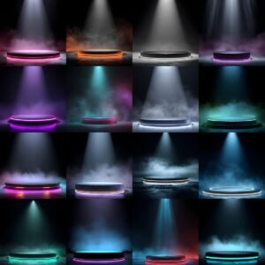 Cinematic sports podium digital backdrop with fog and spotlight lighting, dark moody studio background for athlete portraits, senior sports banners and team photography editing