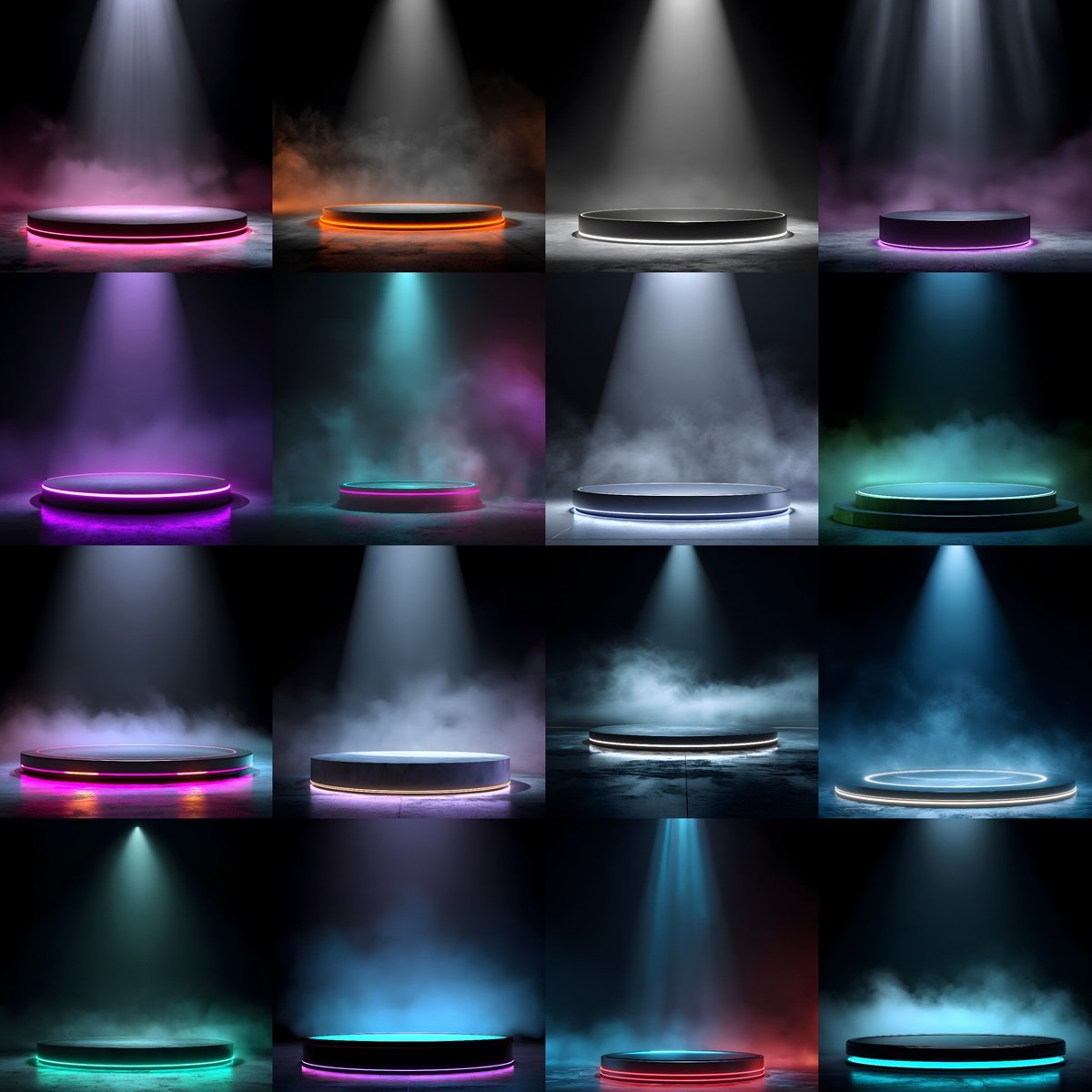 Cinematic sports podium digital backdrop with fog and spotlight lighting, dark moody studio background for athlete portraits, senior sports banners and team photography editing