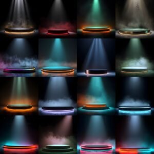 Cinematic sports podium digital backdrop with fog and spotlight lighting, dark moody studio background for athlete portraits, senior sports banners and team photography editing