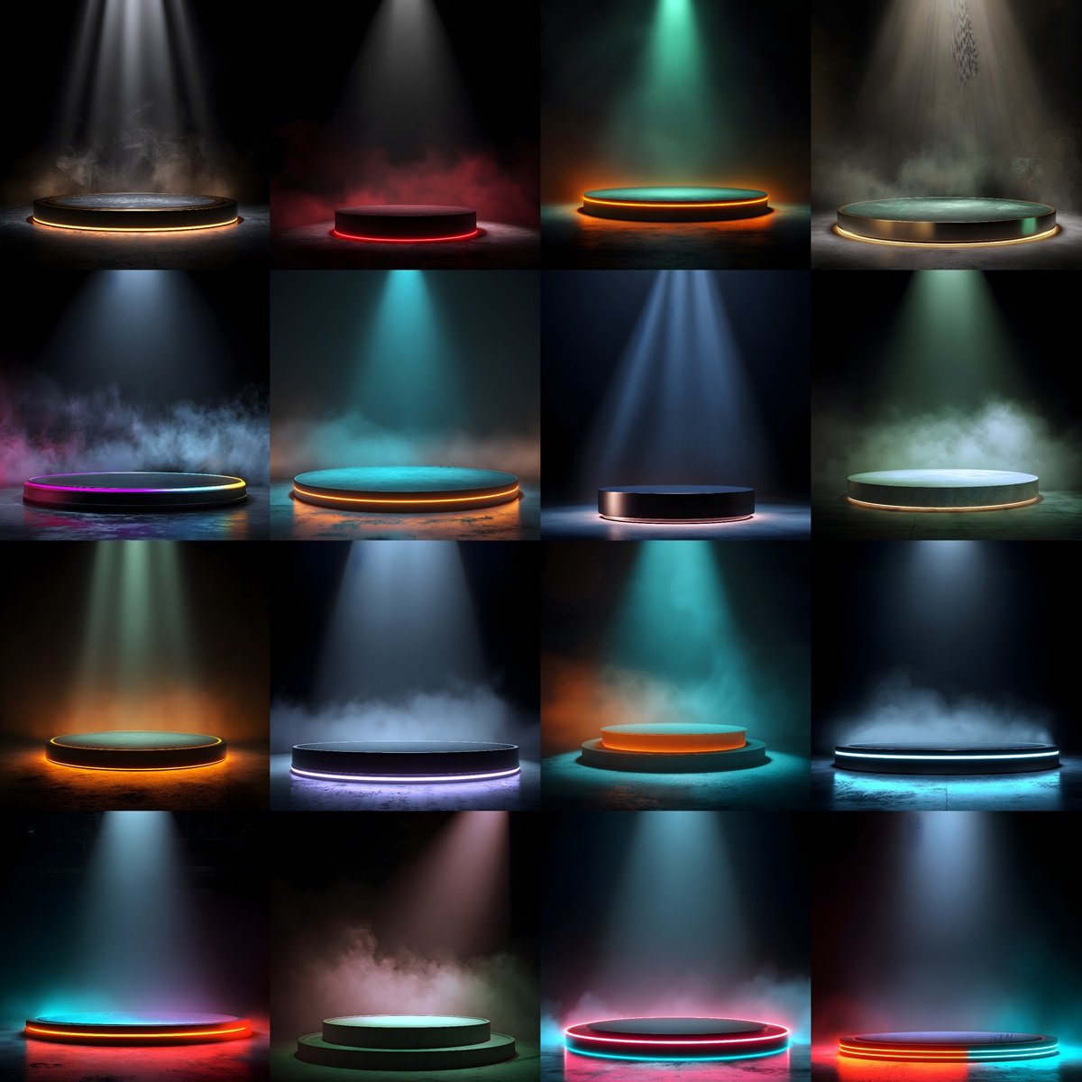 Cinematic sports podium digital backdrop with fog and spotlight lighting, dark moody studio background for athlete portraits, senior sports banners and team photography editing