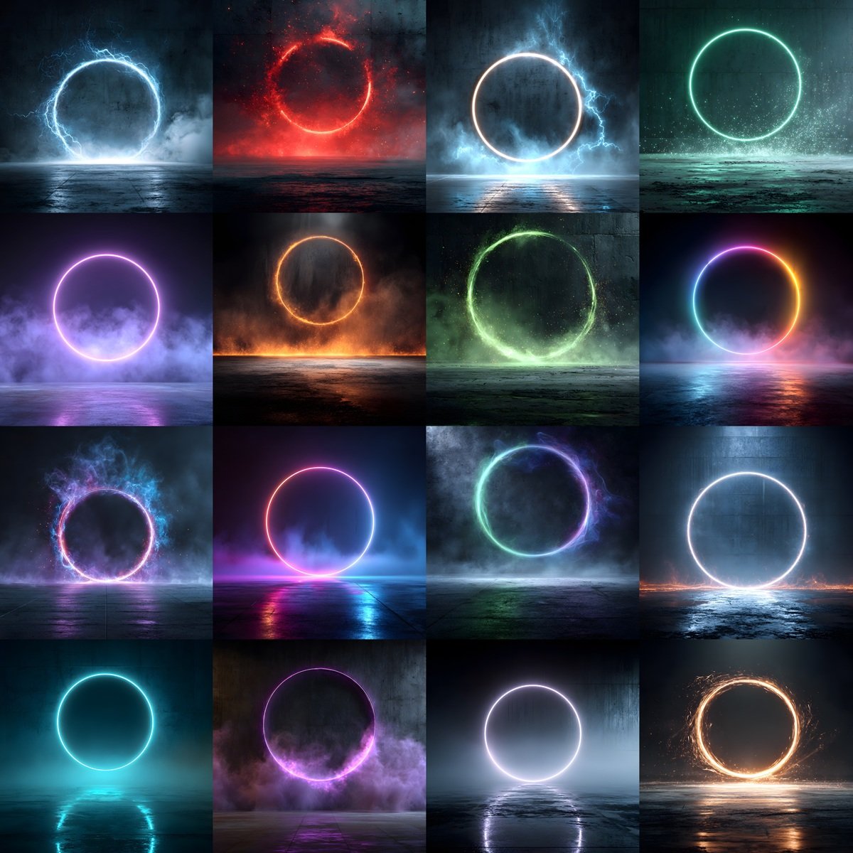 Set of 60 neon ring digital backdrops with glowing circle portals, colorful smoke and fog effects, dark textured floor backgrounds, cinematic lighting for sports photography, athlete posters and Photoshop composites
