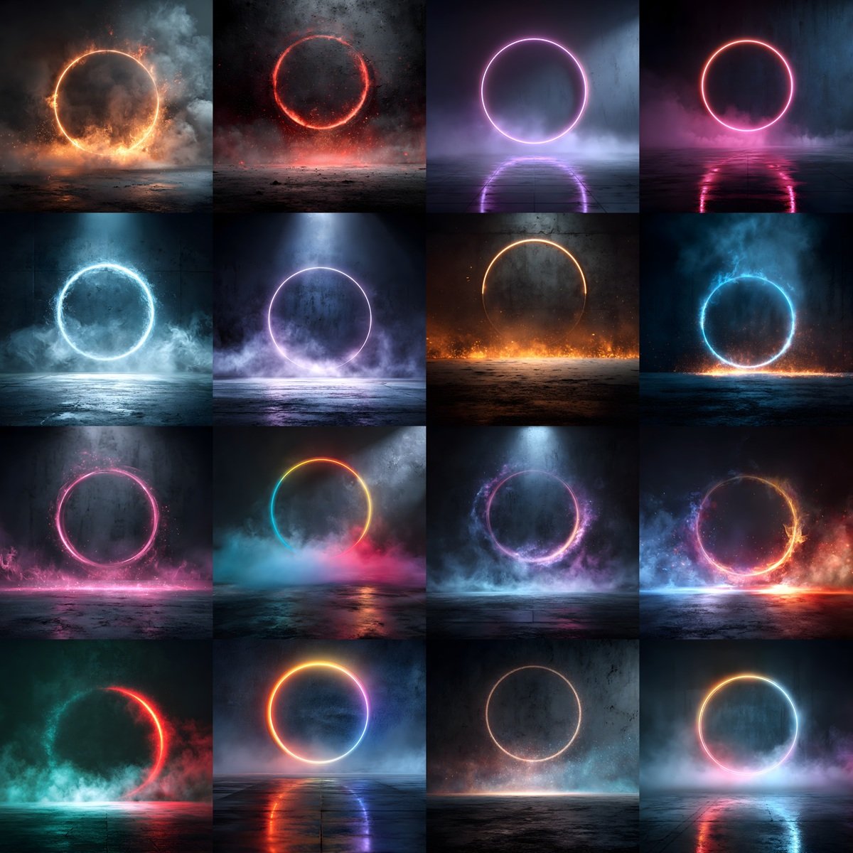 Set of 60 neon ring digital backdrops with glowing circle portals, colorful smoke and fog effects, dark textured floor backgrounds, cinematic lighting for sports photography, athlete posters and Photoshop composites