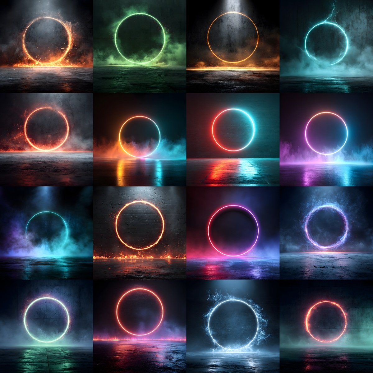 Set of 60 neon ring digital backdrops with glowing circle portals, colorful smoke and fog effects, dark textured floor backgrounds, cinematic lighting for sports photography, athlete posters and Photoshop composites