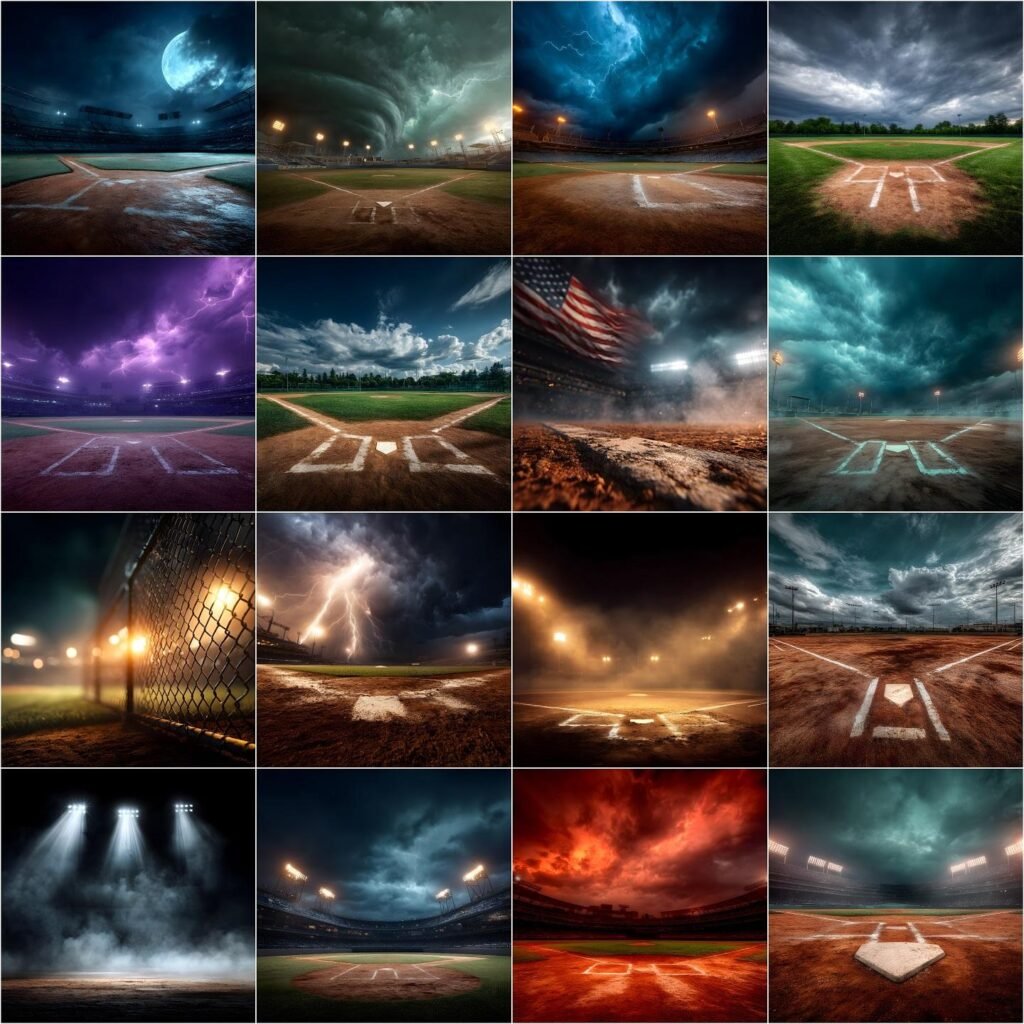 125 cinematic baseball and softball digital backdrops bundle featuring dramatic stadium lights, smoke effects, stormy skies, golden hour fields, rain scenes and lightning for Photoshop sports composite photography